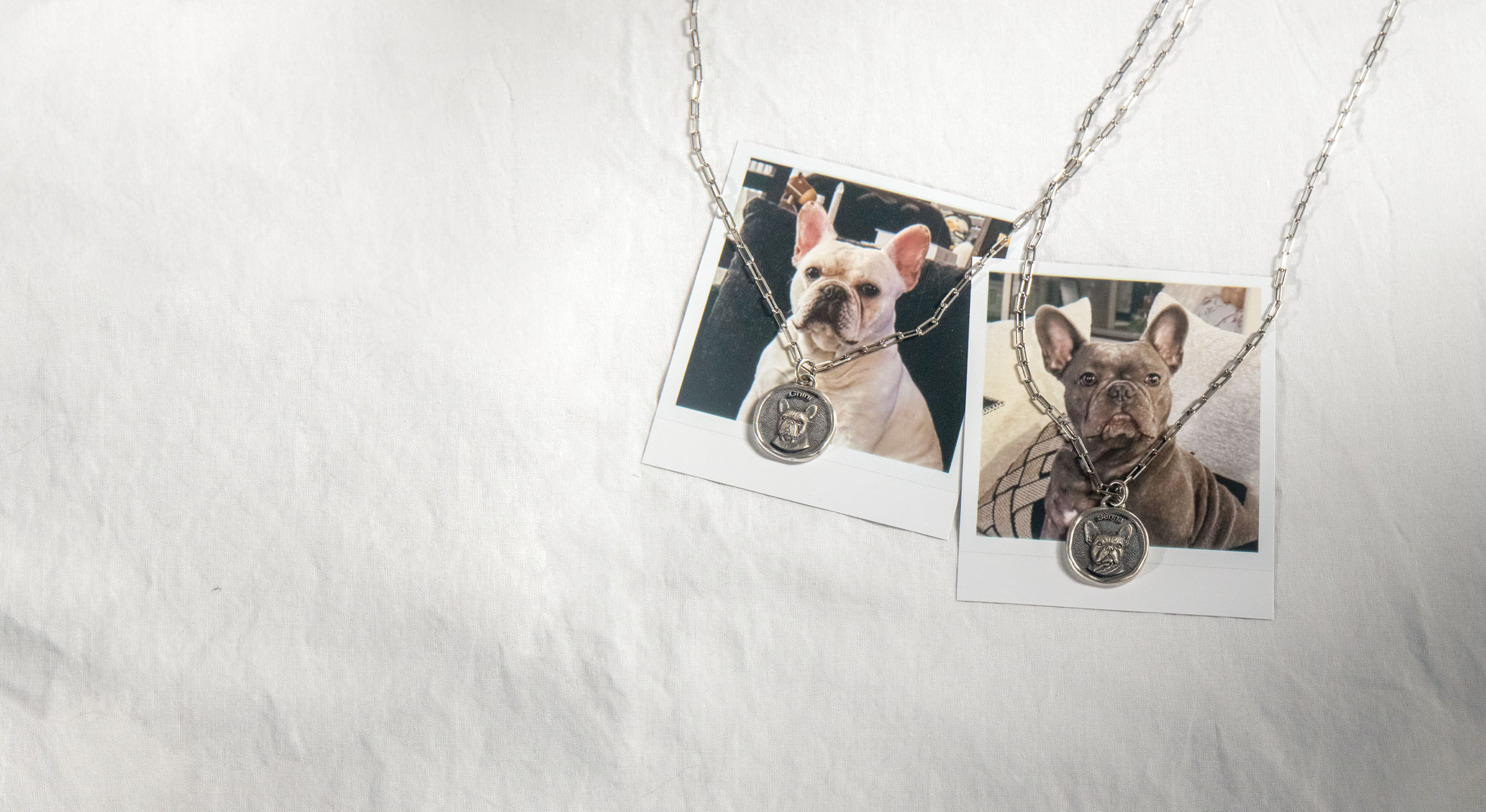 Personalized sterling silver pet portrait pendants with dog face engraving, shown on French bulldog photos, pet gift idea