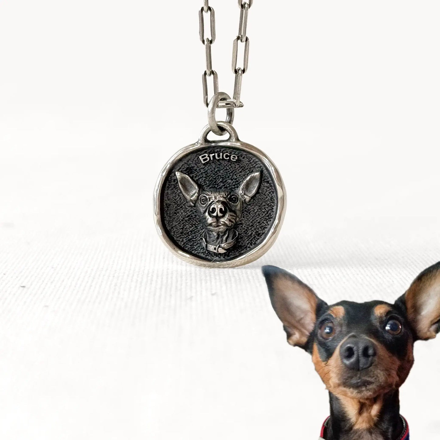 Custom silver dog pendant with engraved portrait of Bruce, a black and tan dog with big ears, on a chain necklace.