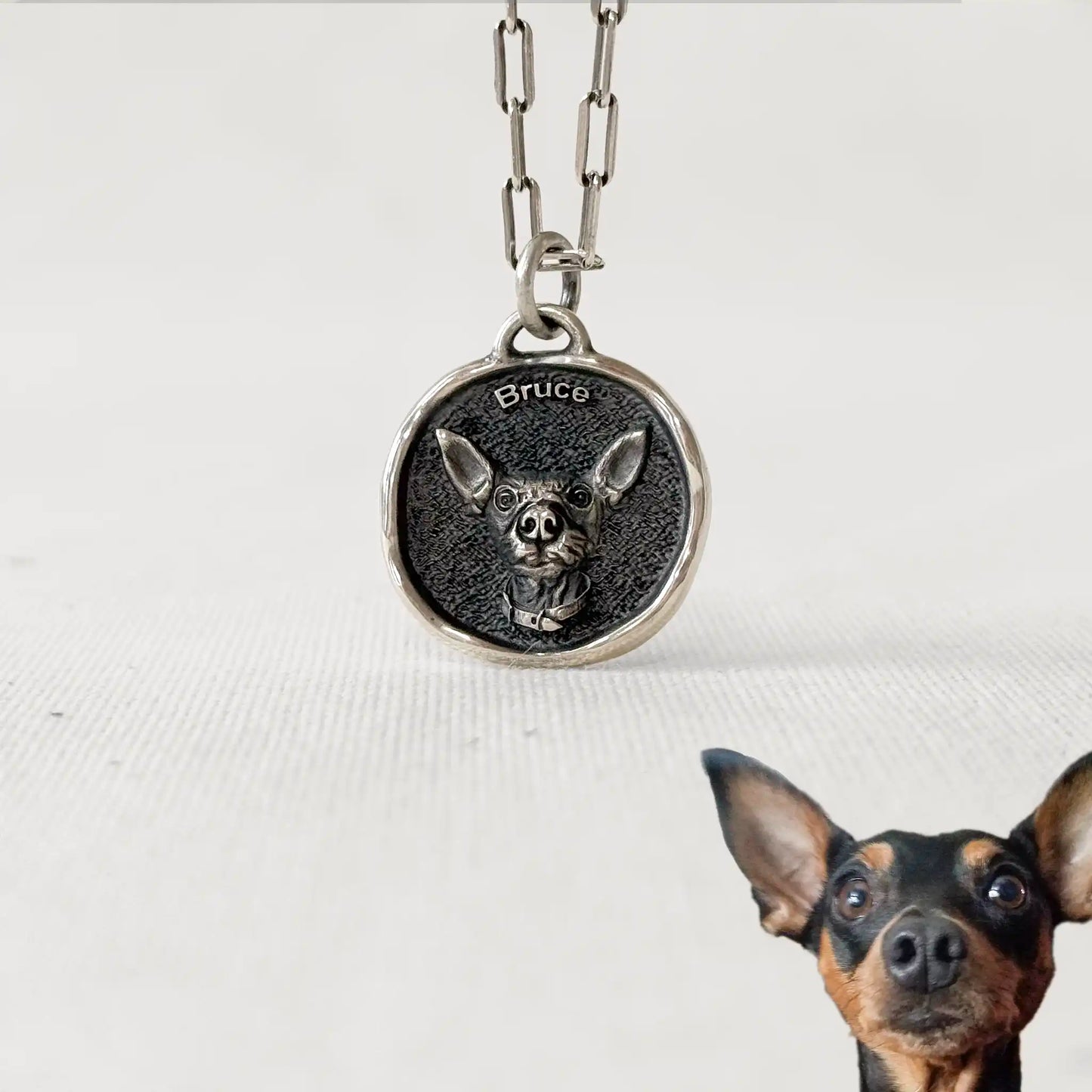 Custom silver dog pendant with engraved portrait of Bruce, a black and tan dog with big ears, on a chain necklace.