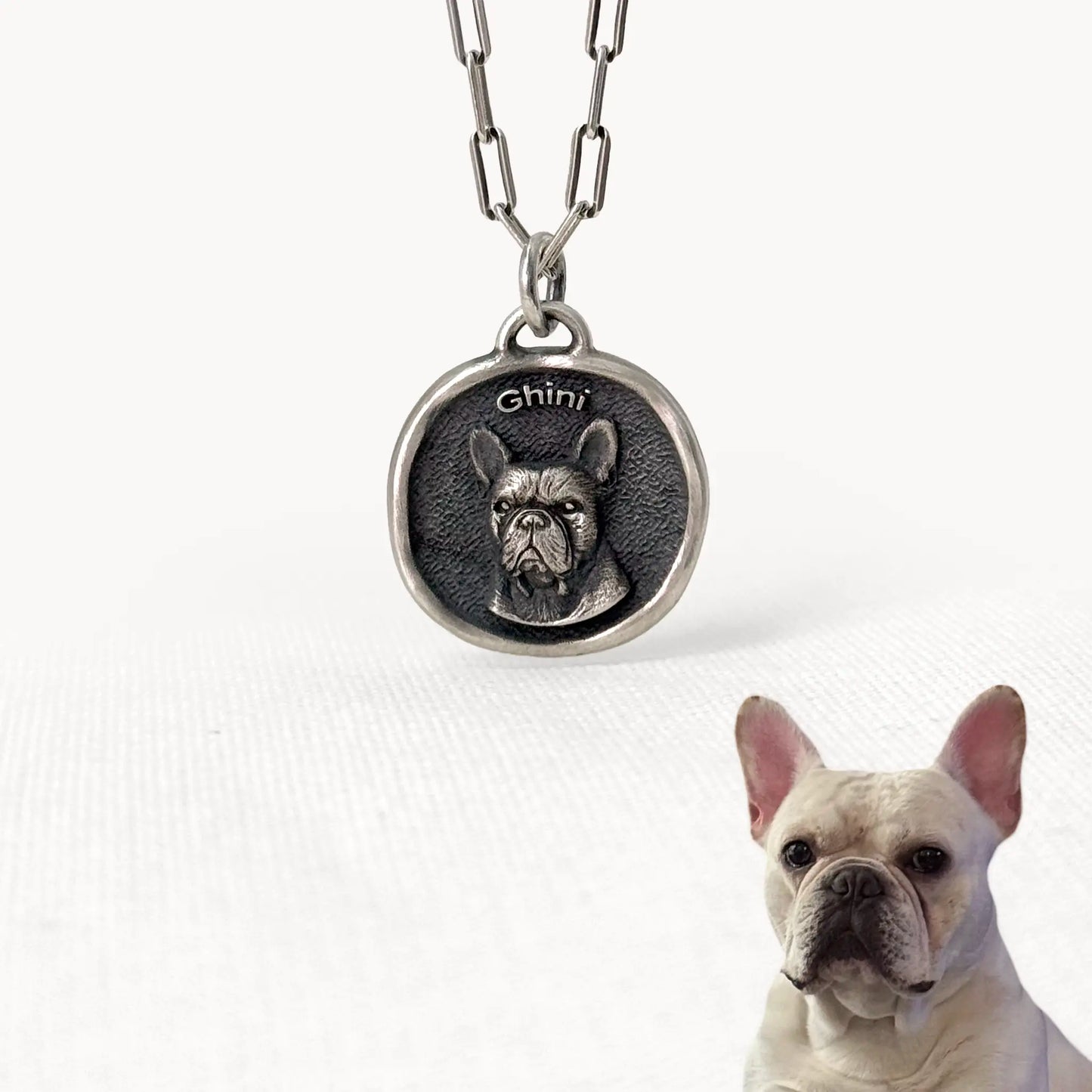 Custom silver pendant featuring Ghini the French Bulldog, with engraved portrait and name as a personal pet keepsake.