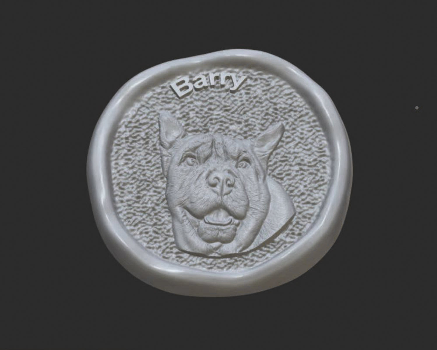 3D pet model with a dog's face engraving and raised text on a dark background