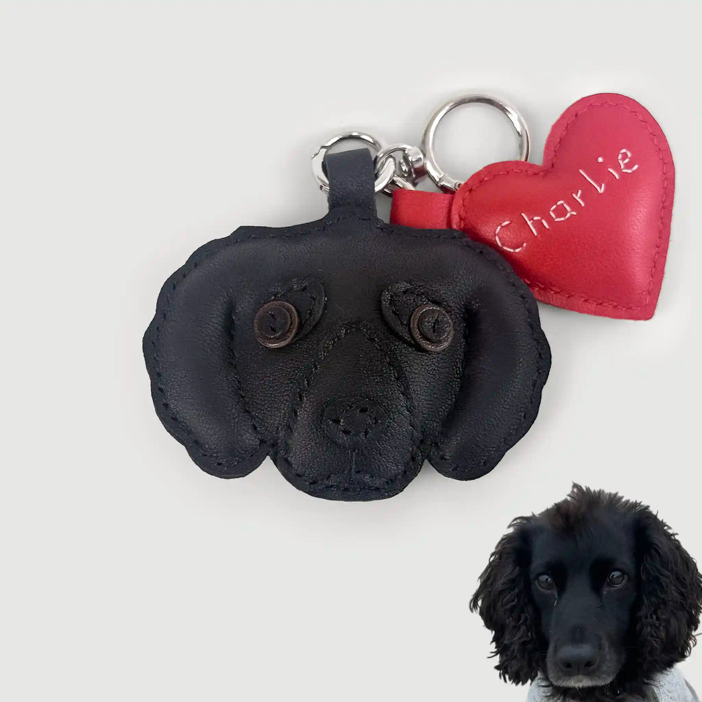 Black dog-shaped keychain with a red heart-shaped tag and 'Charlie' written on it, next to a real black dog.