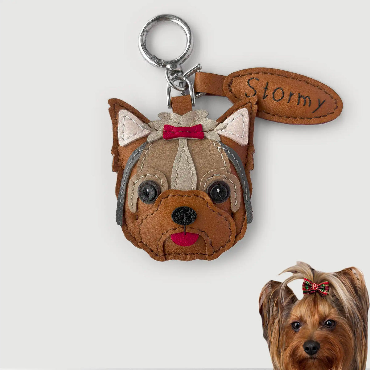 Dog-shaped keychain with 'Stormy' and a real dog next to it on a white background