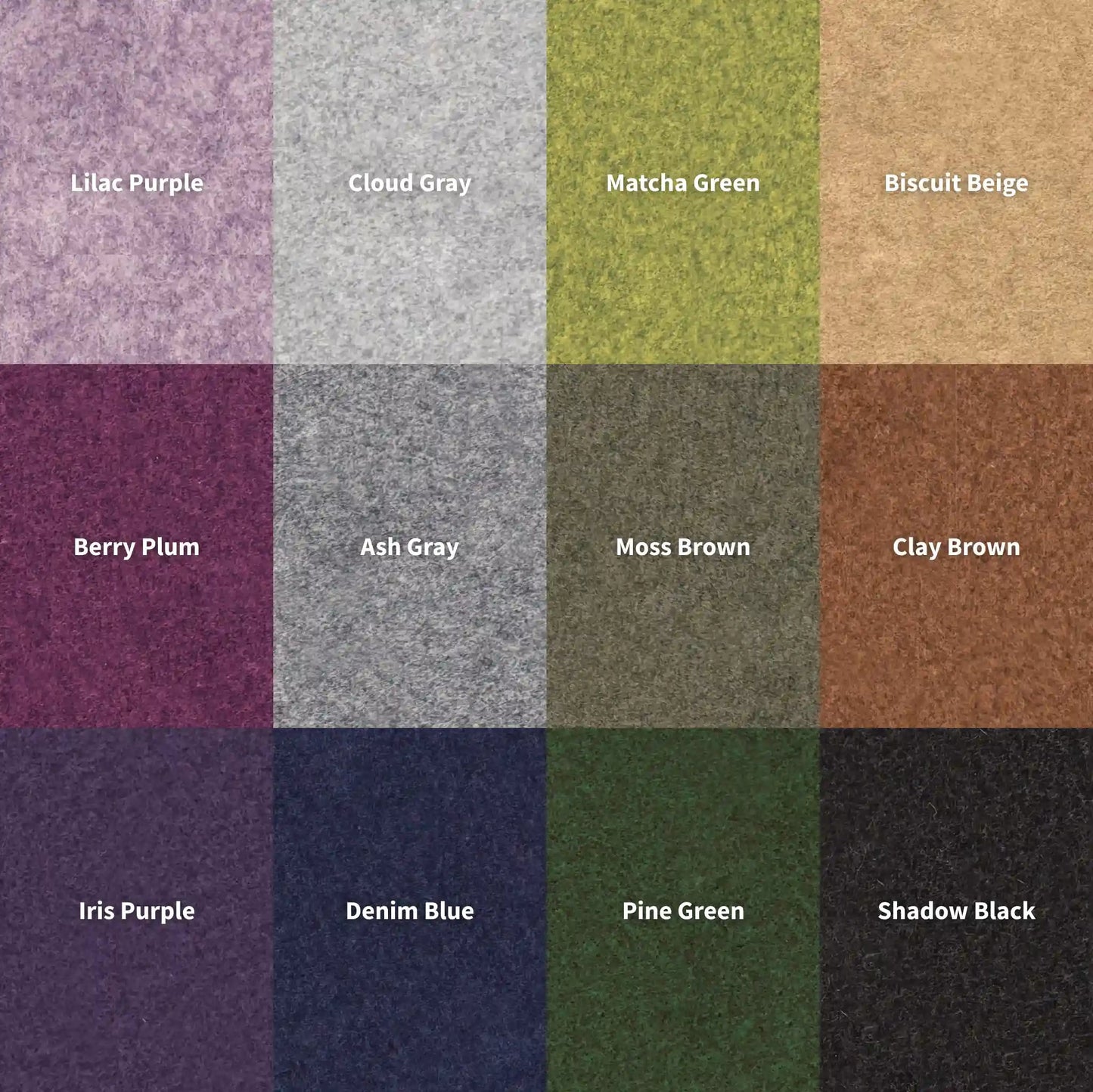 Custom wool-felt background color options for pet portraits: Lilac Purple, Cloud Gray, Matcha Green, Biscuit Beige, Berry Plum, Ash Gray, Moss Brown, Clay Brown, Iris Purple, Denim Blue, Pine Green, Shadow Black.
