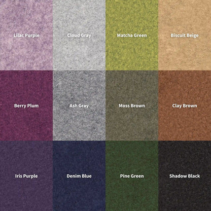 Custom wool-felt background color options for pet portraits: Lilac Purple, Cloud Gray, Matcha Green, Biscuit Beige, Berry Plum, Ash Gray, Moss Brown, Clay Brown, Iris Purple, Denim Blue, Pine Green, Shadow Black.