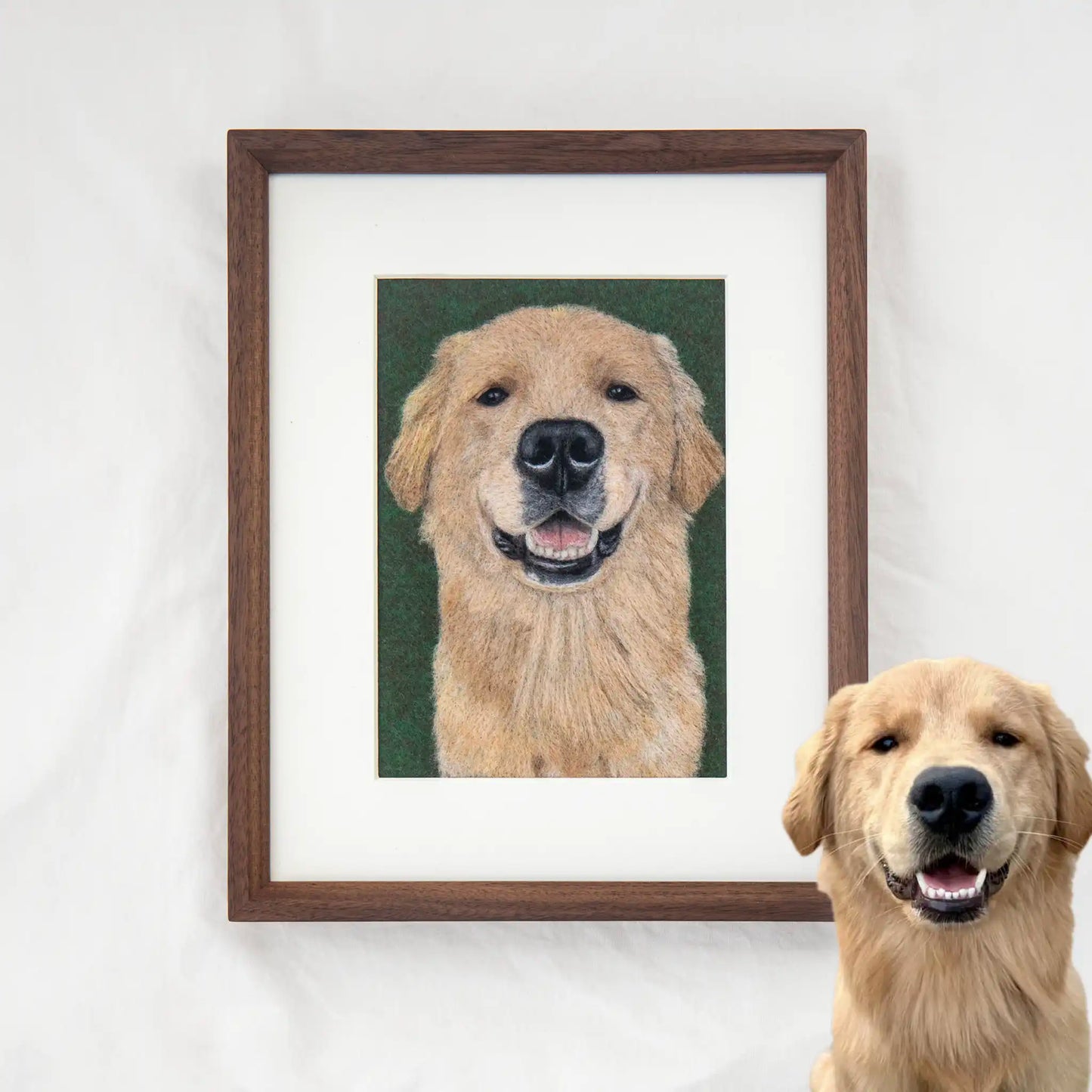 Framed wool felt portrait of Bodhi the Golden Retriever, custom-made with realistic texture and joyful expression.