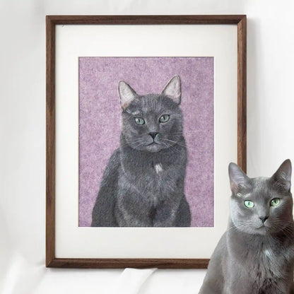 Framed wool felt portrait of Theo the Blue cat, custom-made with realistic grey tones and striking green eyes.