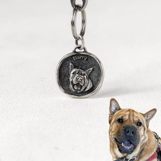 Custom silver pendant with an engraved portrait of Barry the Sharpei, made as a unique pet keepsake with personalized name.