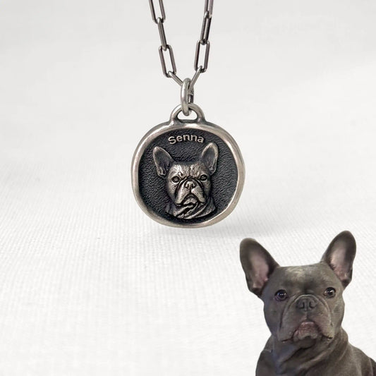 Engraved silver pendant custom-made for Senna the French Bulldog, featuring lifelike detail and a personalized name.