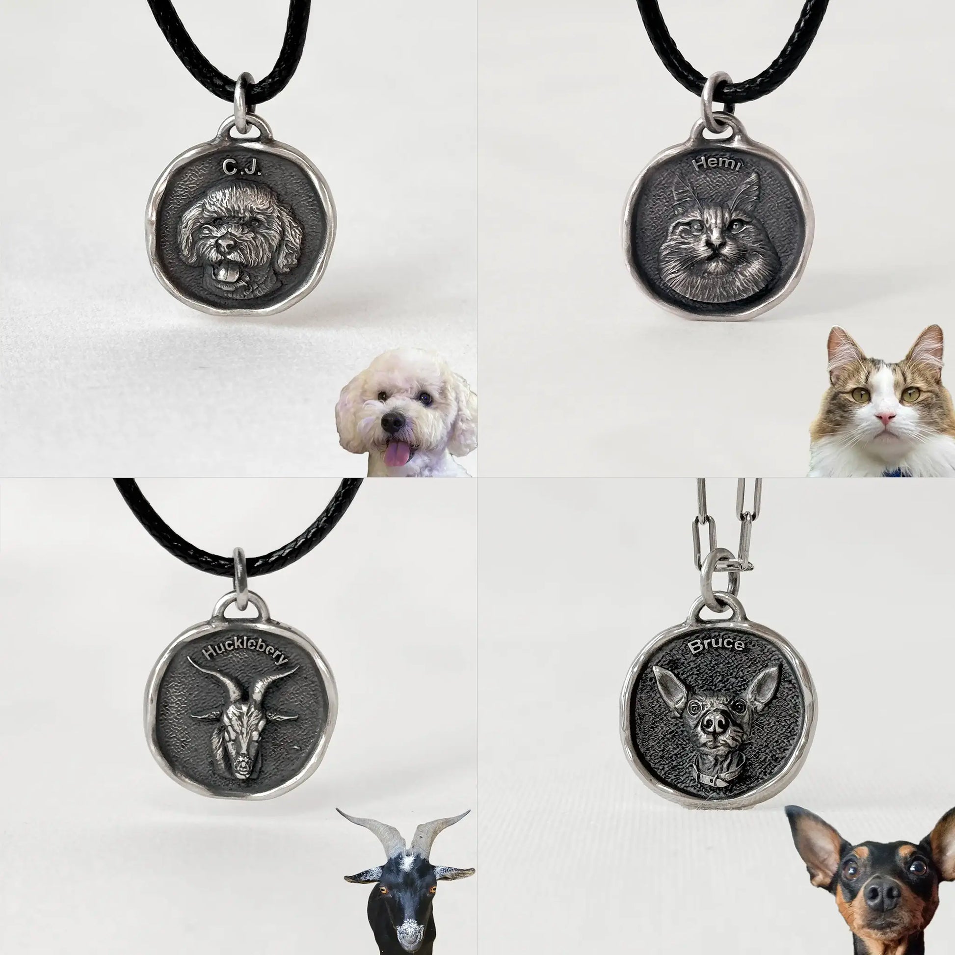 Collection of pet portrait necklaces with corresponding pet photos on a white background