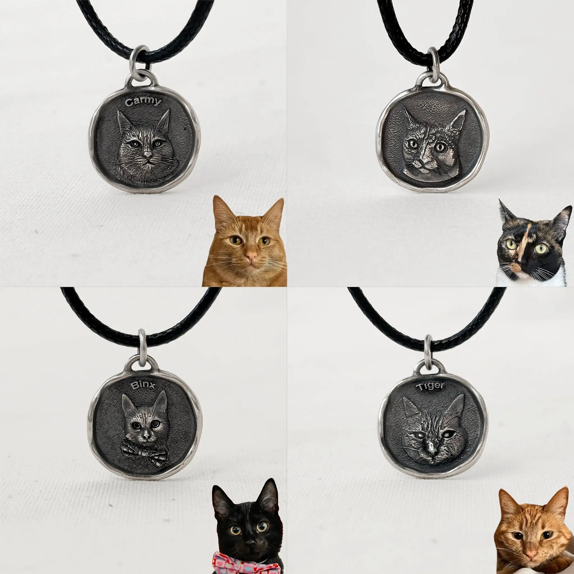 Collection of cat pendants on black cords with corresponding cat images below.