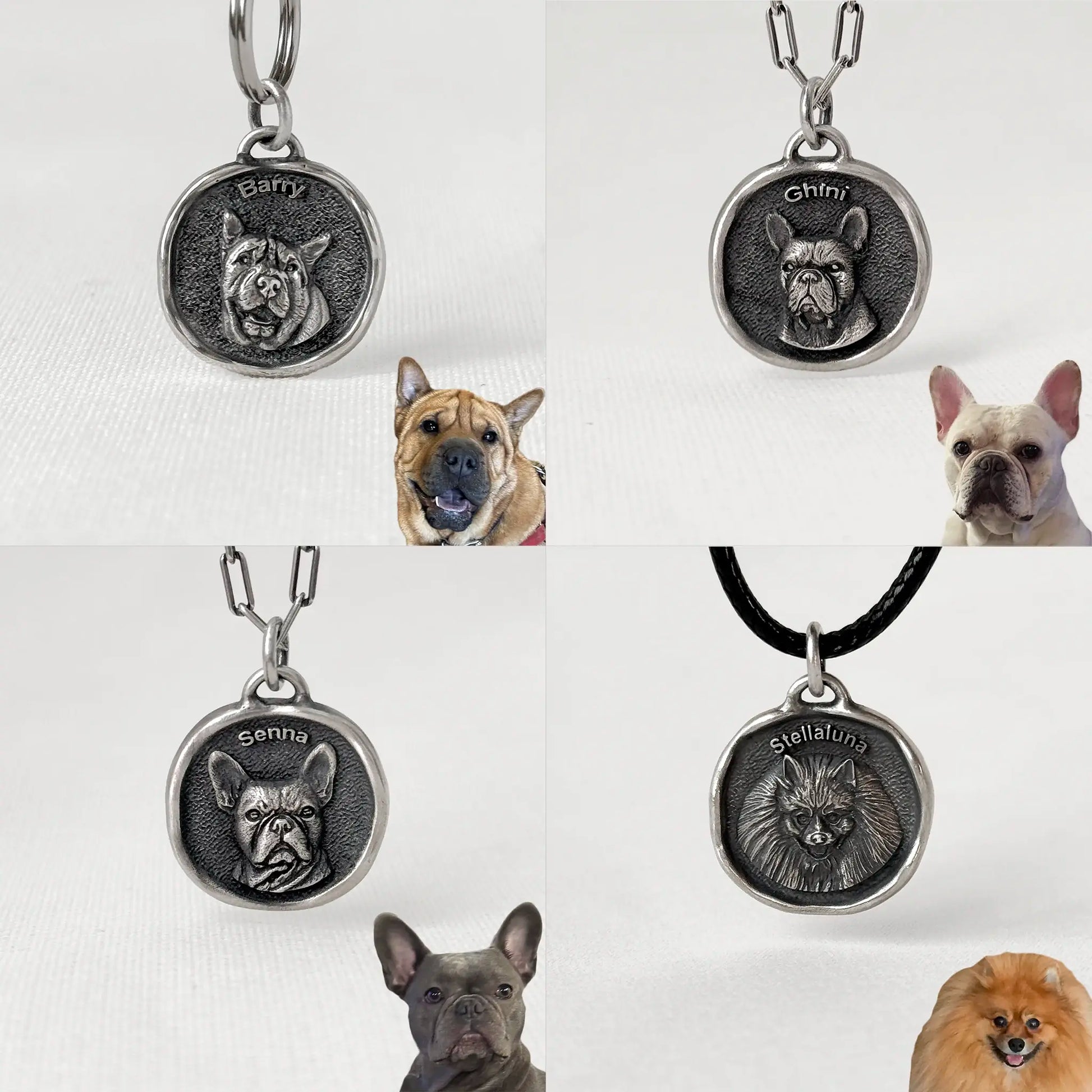 Collection of pet portrait necklaces with various dog breeds on a white background