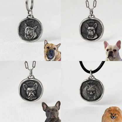 Collection of pet portrait necklaces with various dog breeds on a white background