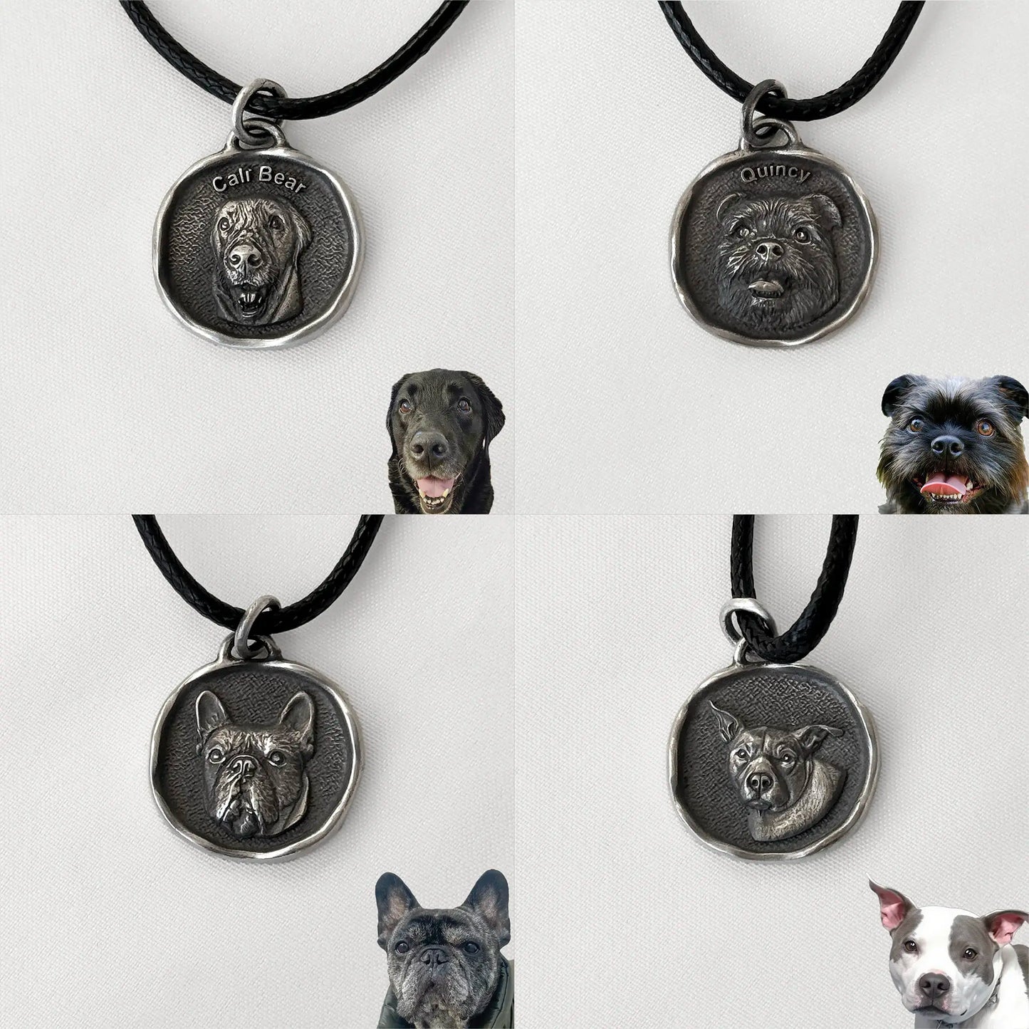 Collection of dog pendant necklaces with various dog breeds displayed.