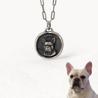 Custom silver pendant featuring Ghini the French Bulldog, with engraved portrait and name as a personal pet keepsake.