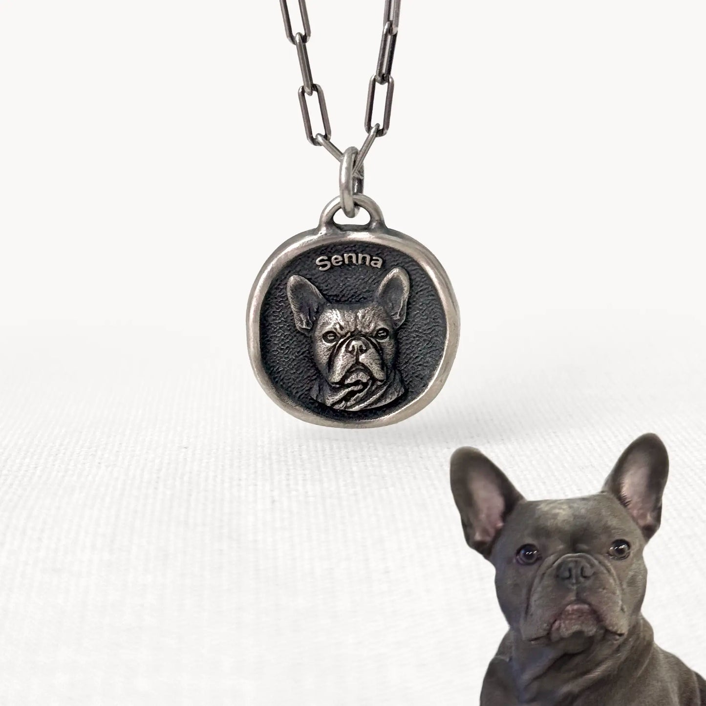 Engraved silver pendant custom-made for Senna the French Bulldog, featuring lifelike detail and a personalized name.