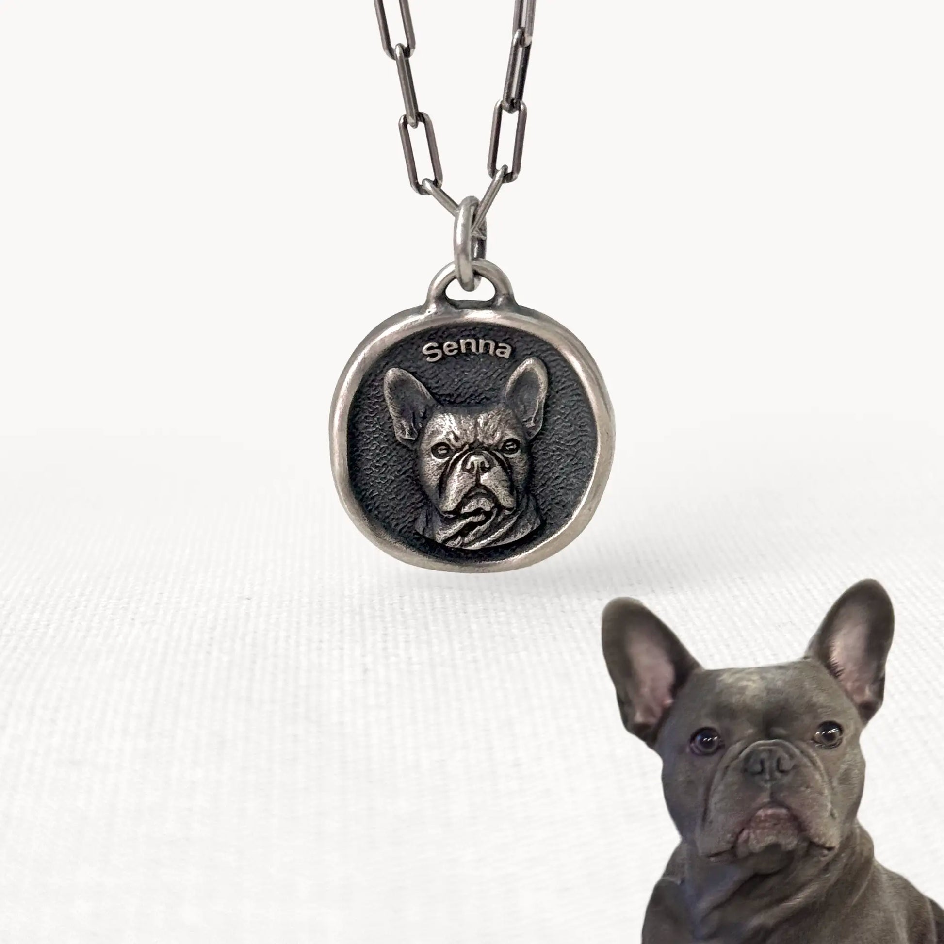 Engraved silver pendant custom-made for Senna the French Bulldog, featuring lifelike detail and a personalized name.
