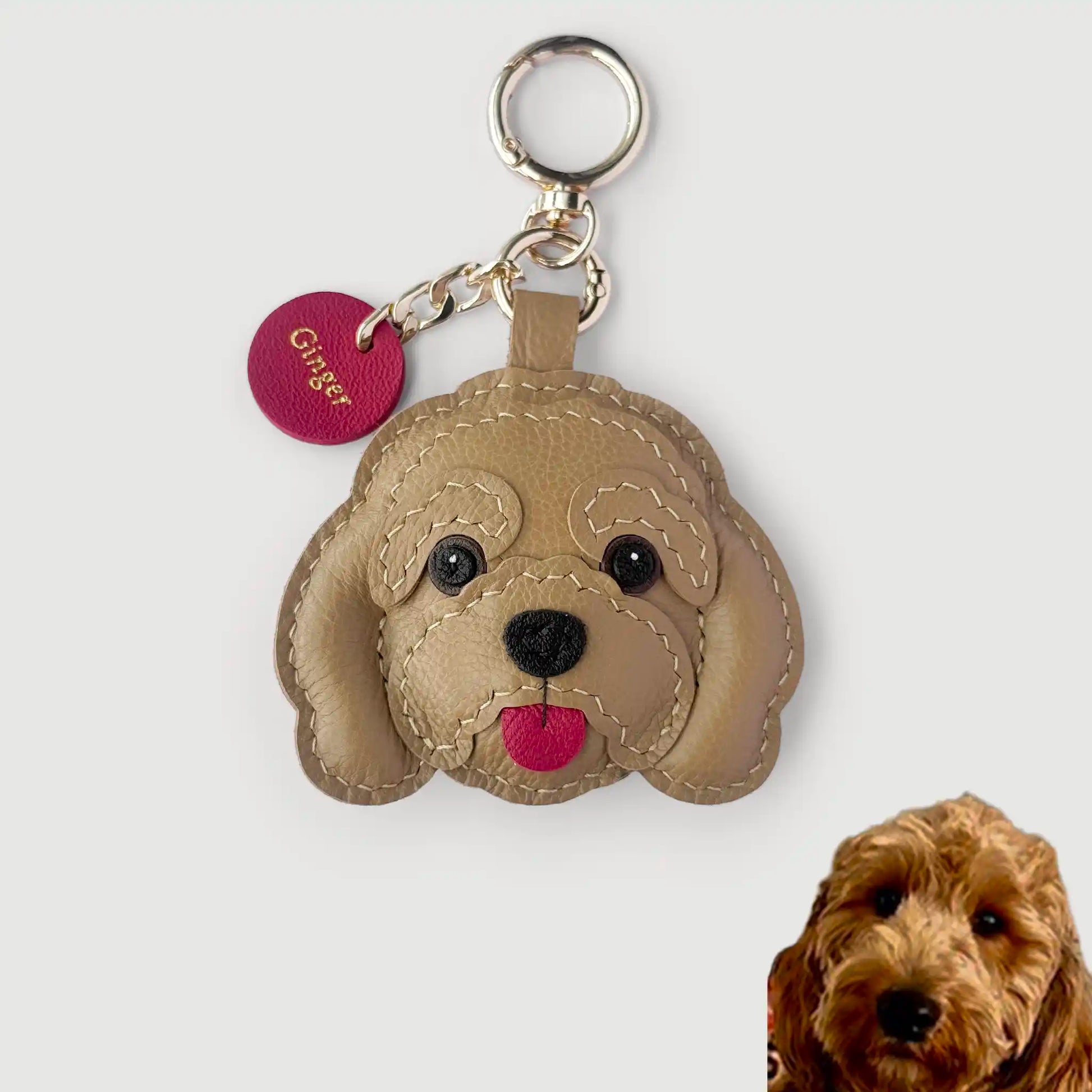 Dog-shaped keychain with a pink tag and a real dog on a white background