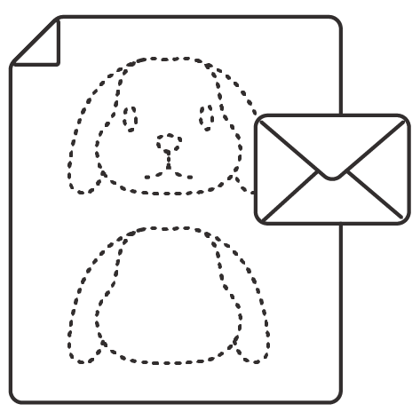 Icon of a pet design draft with an email envelope, representing the stage of reviewing front and back design details via email.