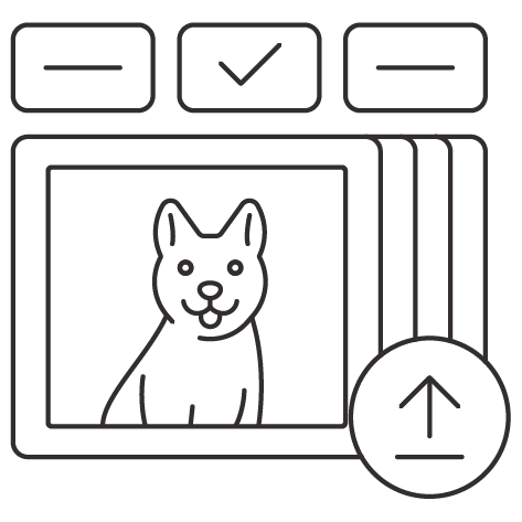 Icon of a pet photo being uploaded with style options above it, representing the photo and customization selection stage.